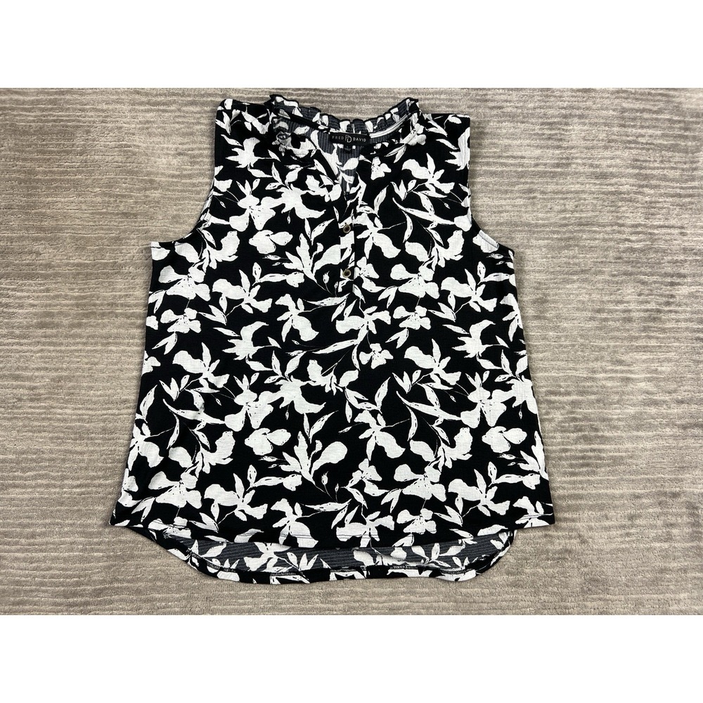 Fred David Top Womens Large Black & White Floral Sleeveless Polyester Blend